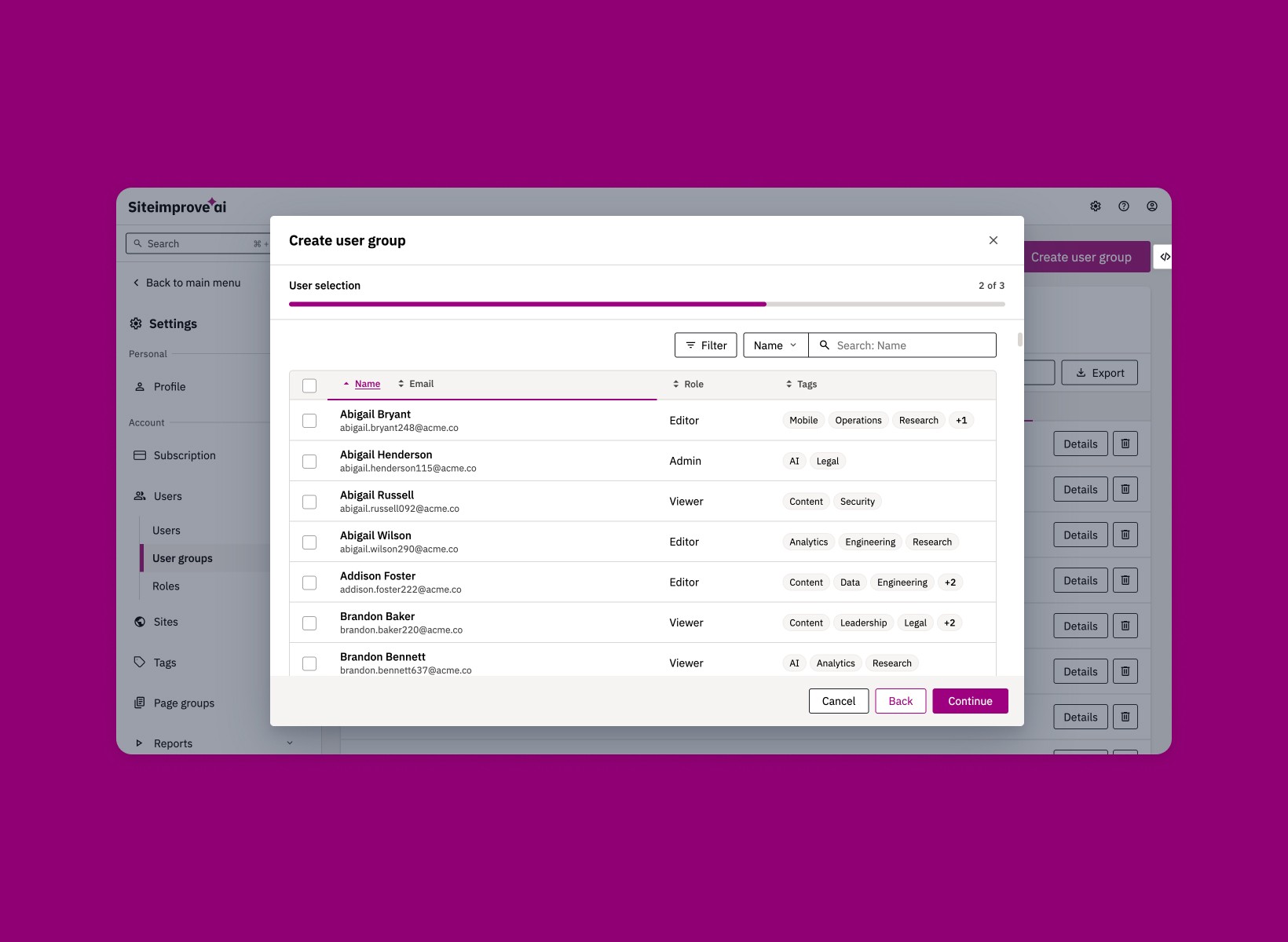 Group creation modal with stepper