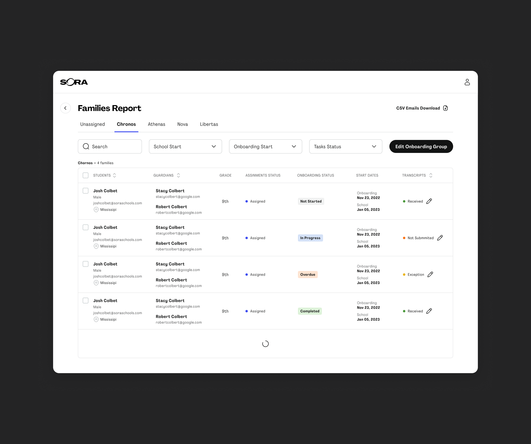 Families report interface